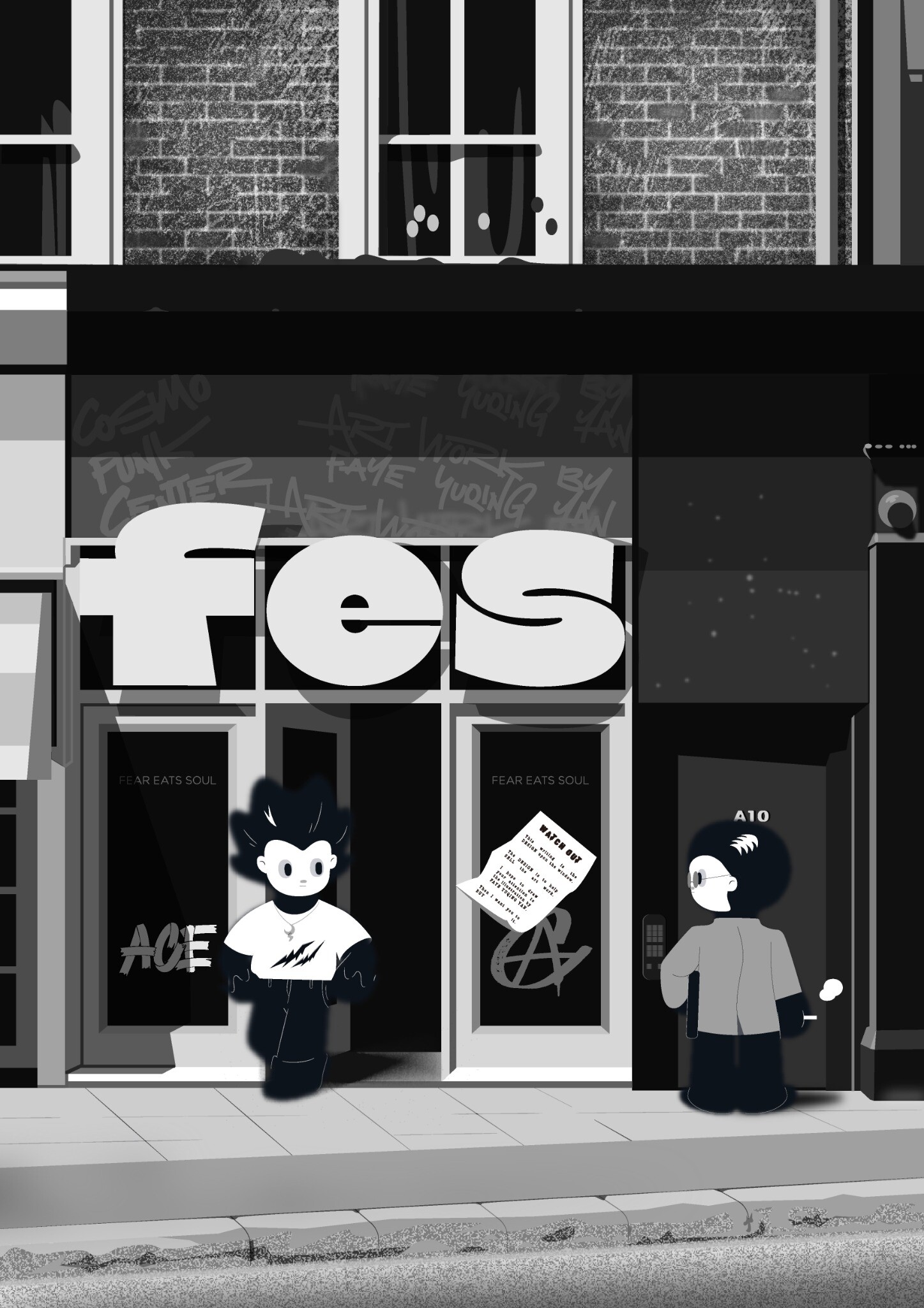 Black-and-white Ace illustration of the FES studio storefront