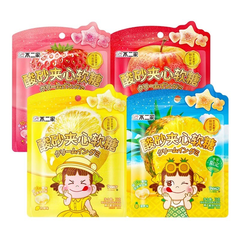 Fujiya cream-filled gummy packaging across four fruit flavours