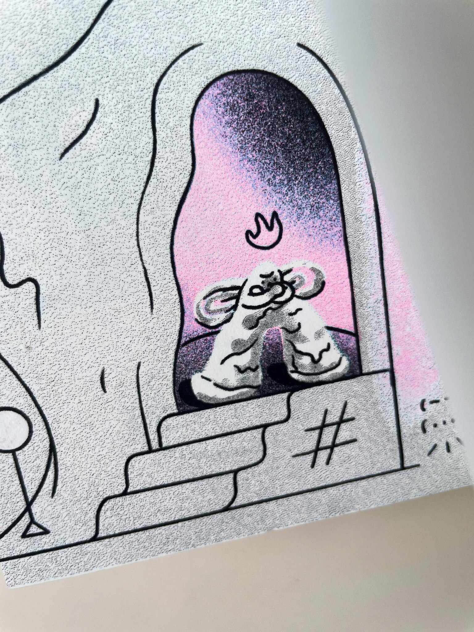 Close-up of an illustrated character and Risograph texture