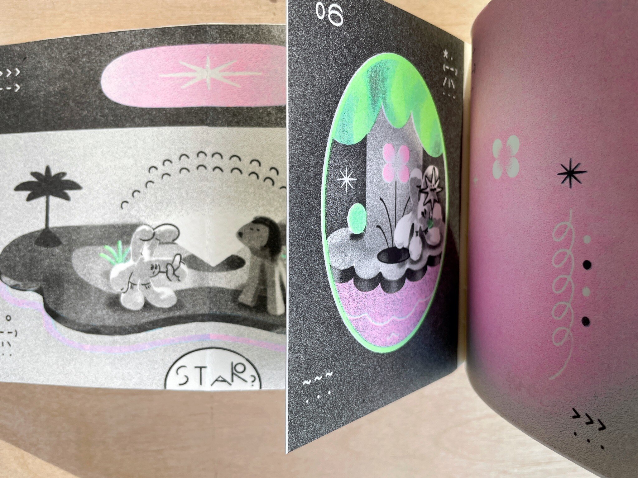 Narrative pages printed in fluorescent green, pink, aqua and black