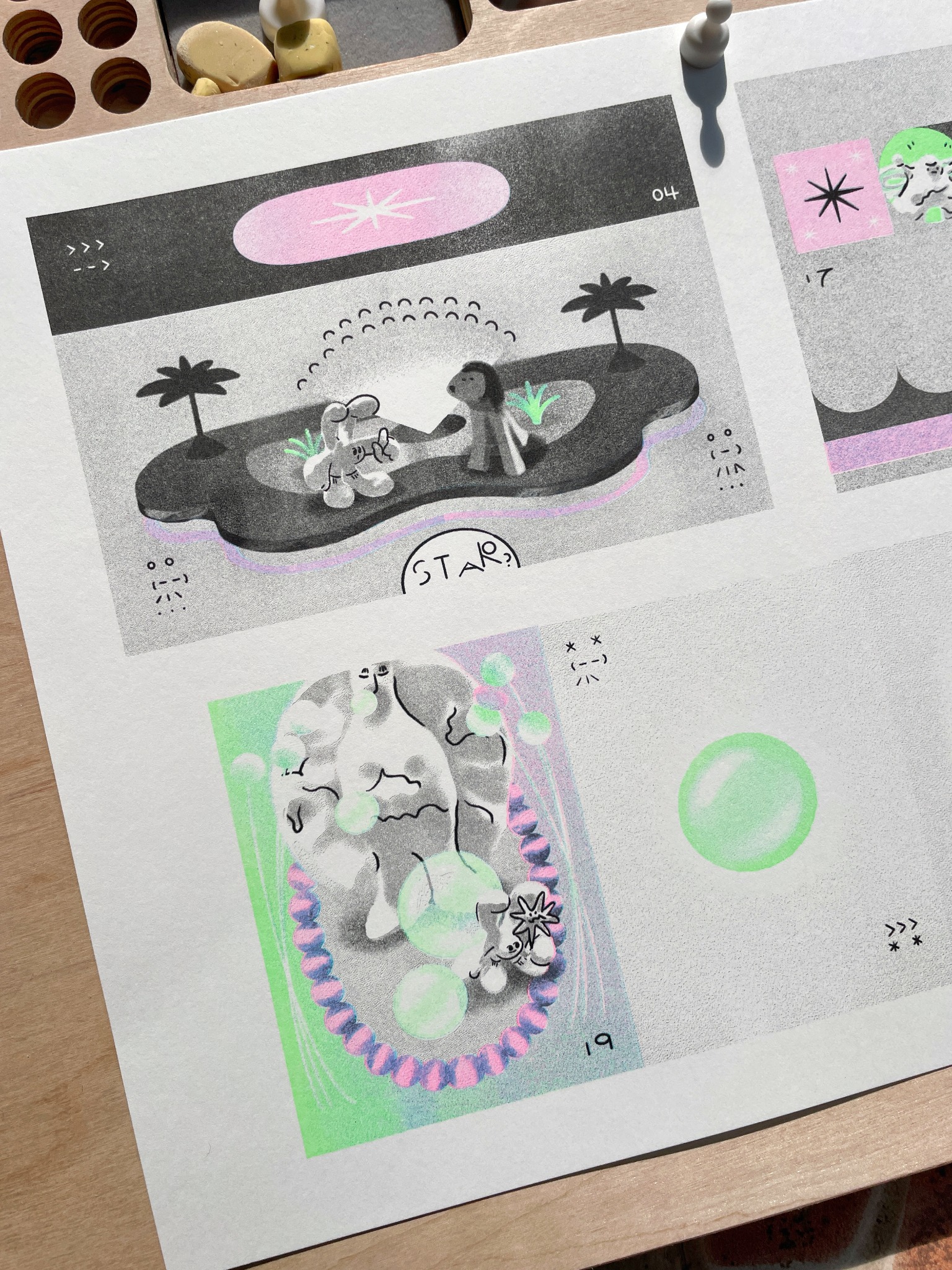 Soft Orbit Risograph proof sheet showing narrative scenes in sunlight