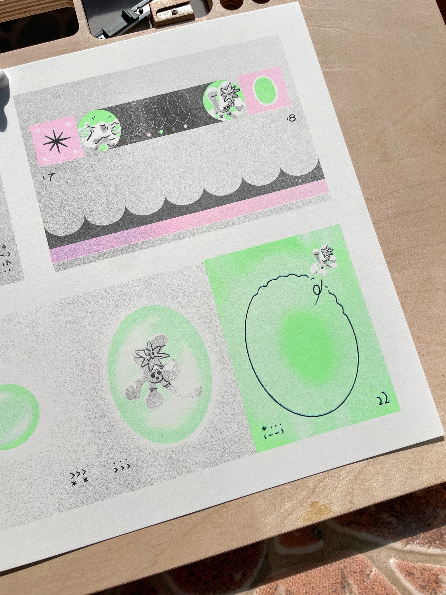 Soft Orbit Risograph proof sheet showing the final sequence in sunlight